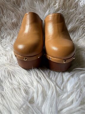 BAMBOO Tan Platform Clog Mules with Gold Studs